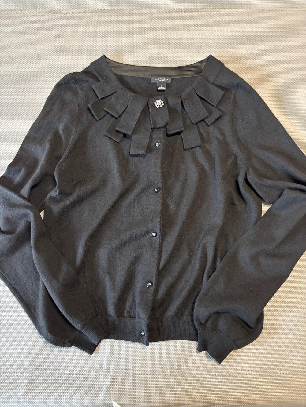 Ann Taylor Black Jeweled Collar Button-Front Cardigan sz S merino wool NWOT